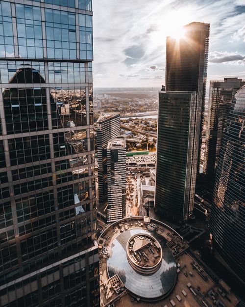 Free Aerial view of modern skyscrapers in Moscow City capturing urban architecture at daylight. Stock Photo