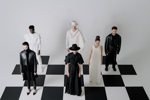 Fashion models dressed in black and white on a chessboard pattern, showcasing a conceptual style.