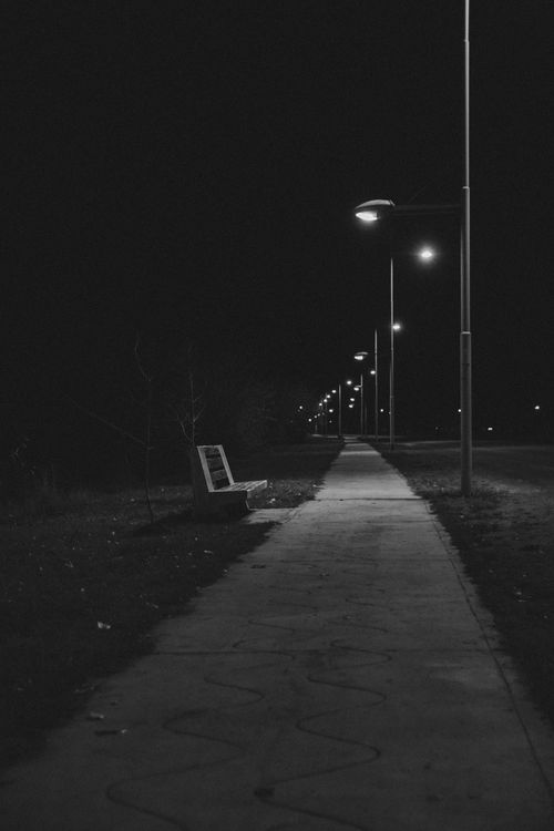 Free Black and white photo featuring a moody sidewalk lined with street lamps. Stock Photo