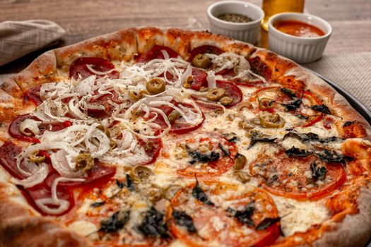Close-up of a delicious Italian pizza with various toppings, perfect for food photography.