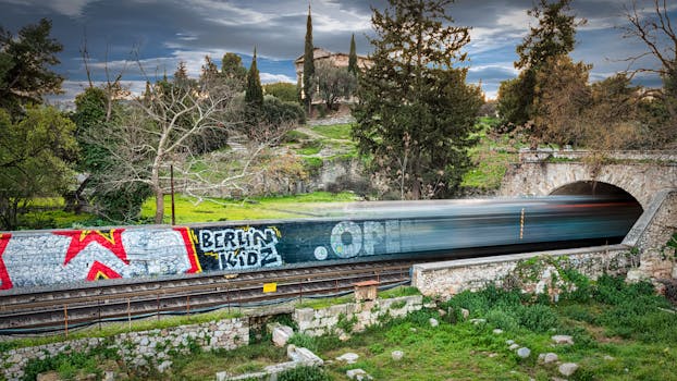 A train speeds through a scenic area with vibrant graffiti on a stone wall, surrounded by lush greenery.
