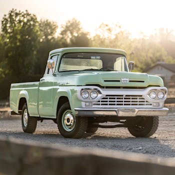 Classic vintage pickup truck parked outdoors with sunlight highlighting its retro design.