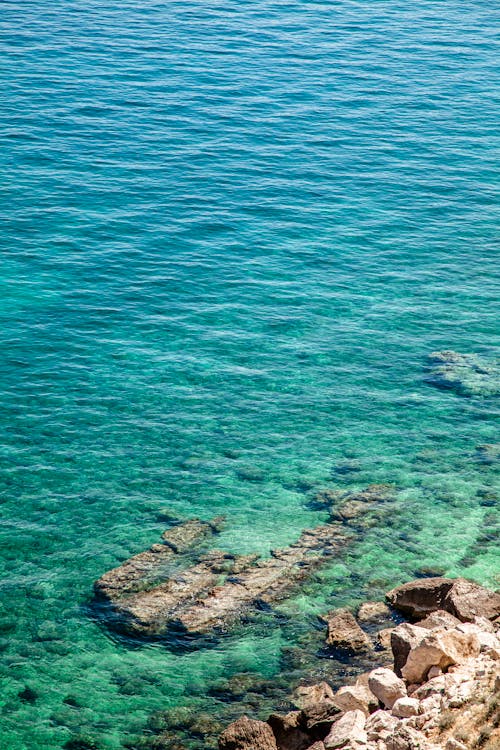  High Angle Shot of Rocky Shore Near the Body of Water