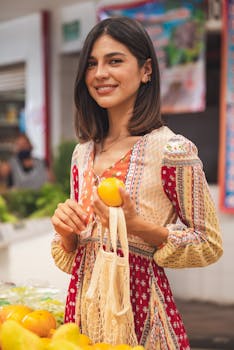 Smiling woman in a printed dress holding fruits in a mesh bag at an outdoor market.