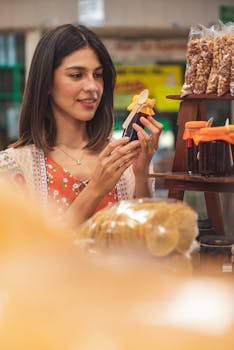 A woman inspects a glass bottle while shopping at a grocery store with various products displayed.