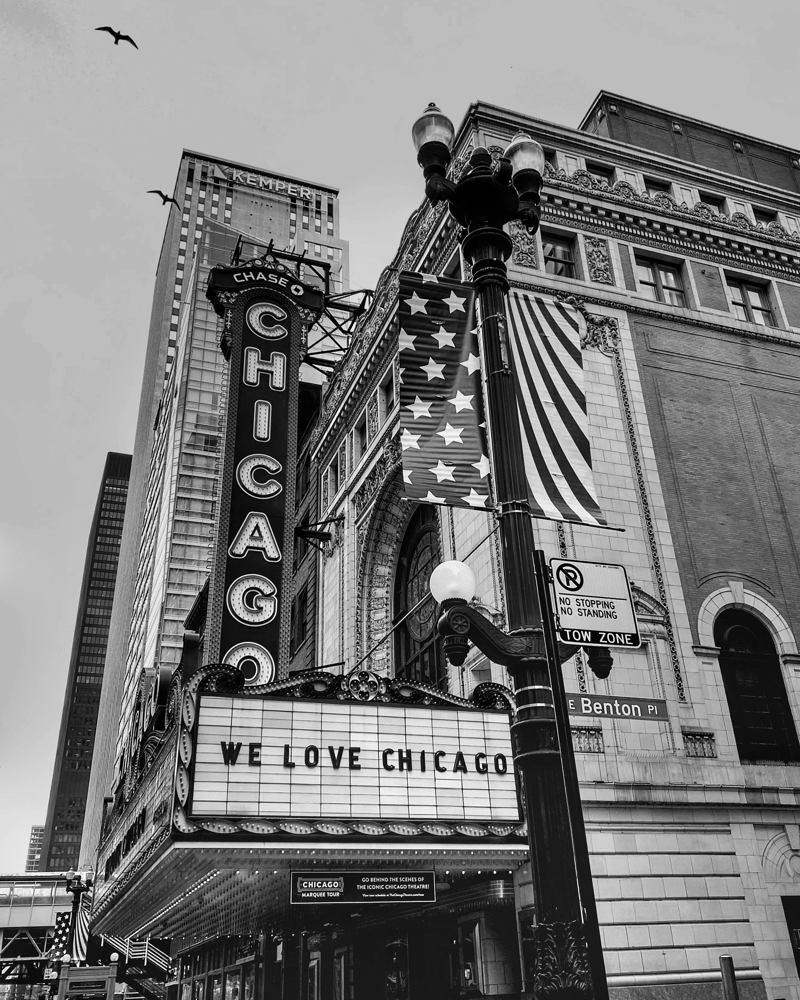 Free Black and white image of the iconic Chicago Theater with vibrant city architecture. Stock Photo