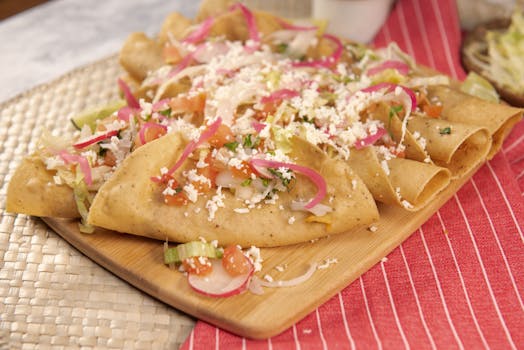 Tasty Mexican tacos garnished with fresh toppings on a wooden platter, perfect for traditional food lovers.