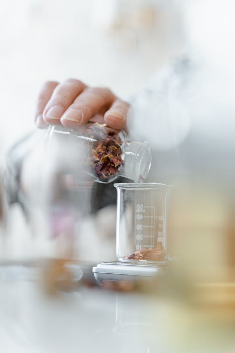 Person Pouring Dried Leaves Into A Beaker