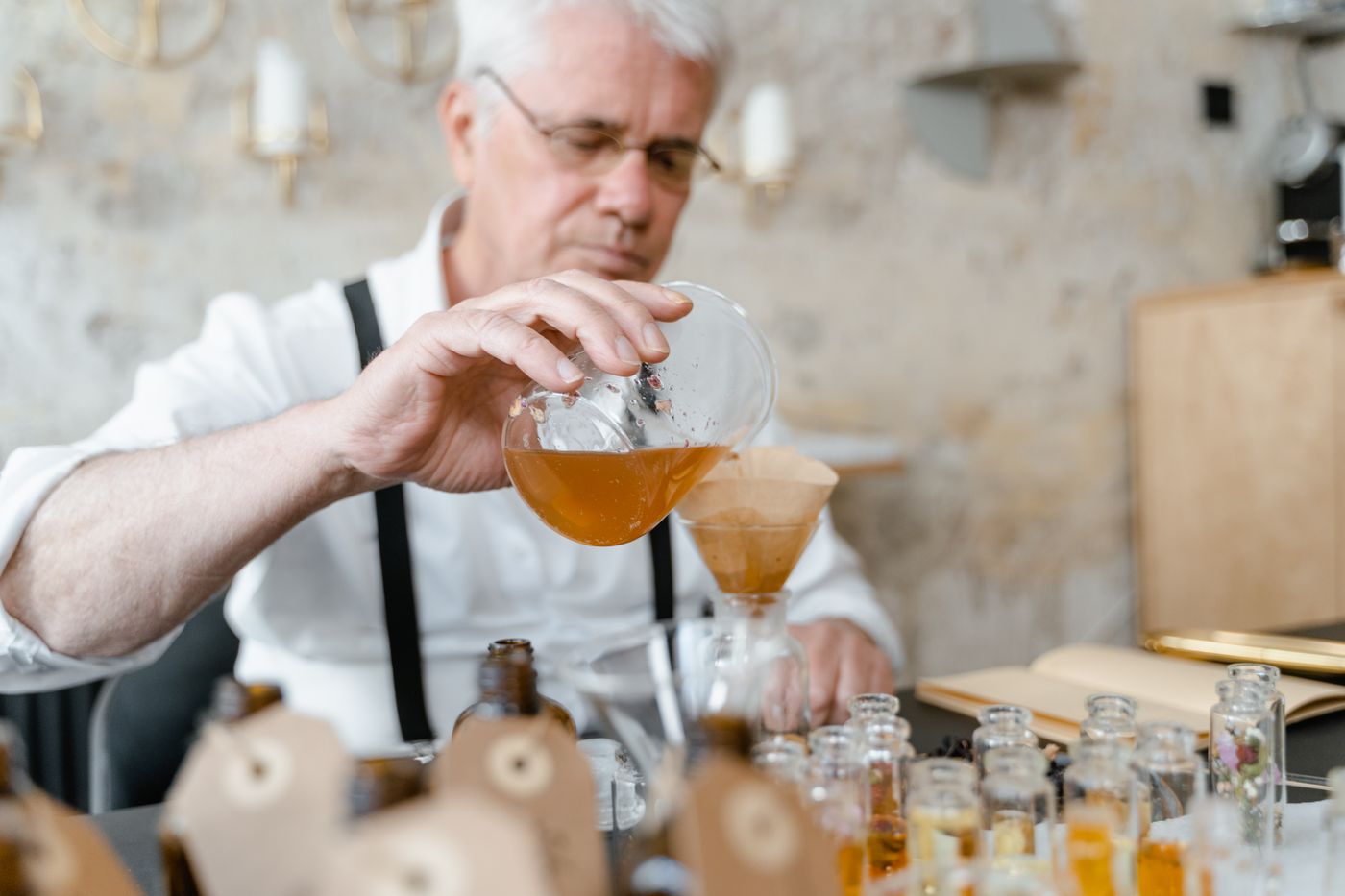 Bottles and tools on a perfumer's table