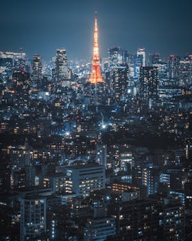 Aerial view of Tokyo's dazzling skyline at night, featuring the iconic Tokyo Tower.