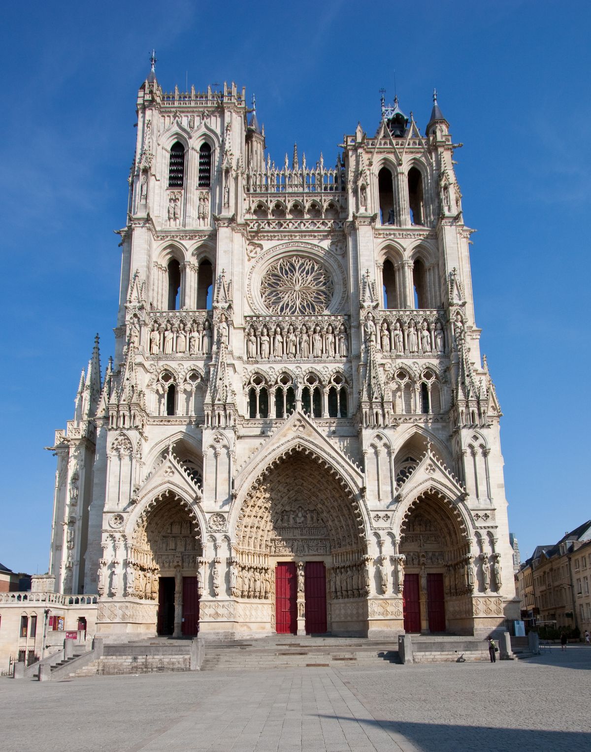 The sculpted Gothic west facade of Amiens Cathedral