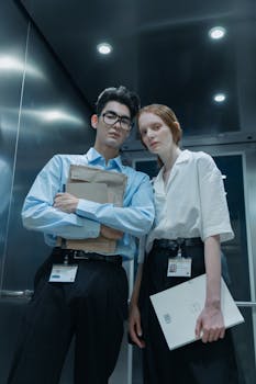 Two professionals standing confidently in an office elevator, ready for a meeting.