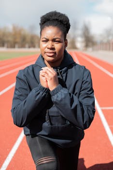 Black woman in activewear stretches for a workout on a sunny day outdoors.