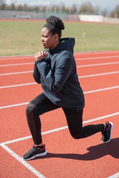 Black woman doing lunges on an outdoor track, showcasing fitness and determination.