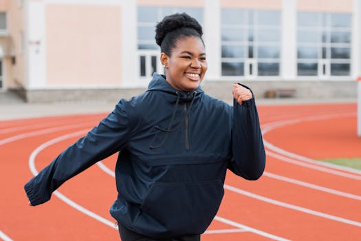 A joyful woman in activewear jogs on a running track, embracing healthy living.