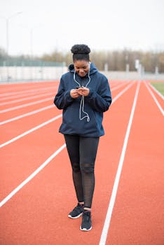 Adult woman in activewear enjoying music on a running track, embracing healthy lifestyle.