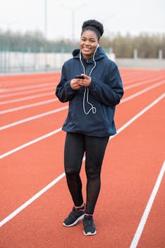 Smiling African American woman in activewear listening to music on a running track.