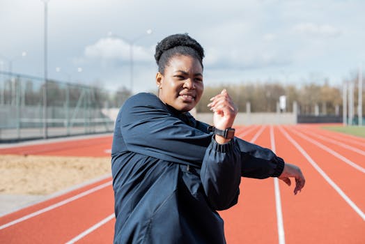 A woman stretches outdoors on a running track, promoting active and healthy living.