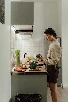 A woman prepares fresh vegetables in a modern kitchen, focusing on healthy cooking.