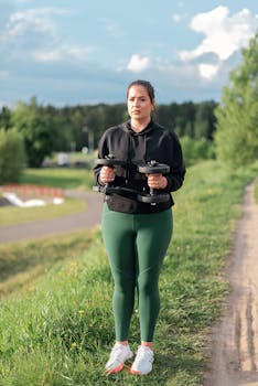 A woman in sportswear working out with dumbbells outdoors on a sunny day.