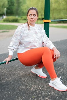 Woman in orange leggings resting on a metal bar at an outdoor fitness park.