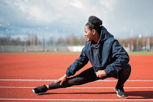 Black woman stretches on a sunny day at an outdoor running track, preparing for exercise.