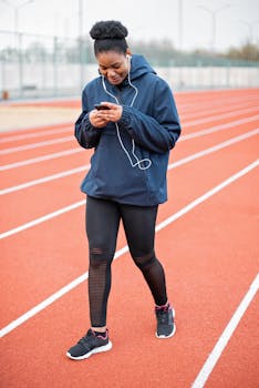 Athlete in sportswear using phone while walking on track, warming up before workout.