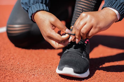 Close-up of athlete tying laces on sneakers on a running track, emphasizing readiness.