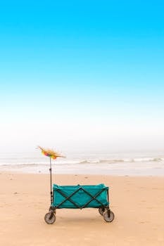 A folding wagon with a beach umbrella on a tranquil sandy shore by the ocean.