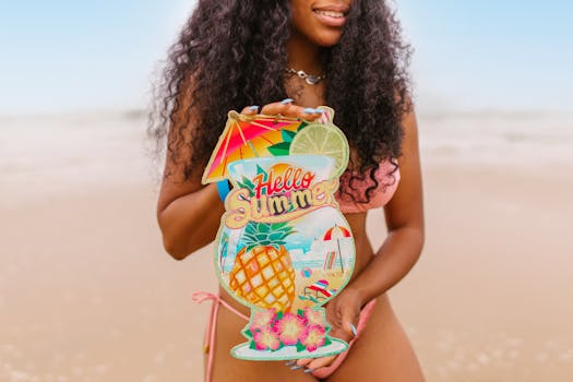 A woman in a bikini holds a vibrant 'Hello Summer' sign on a sunny beach, symbolizing vacation fun.