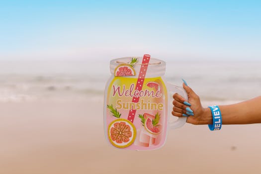 A hand holding a colorful 'Welcome Sunshine' sign with a summer beach background.