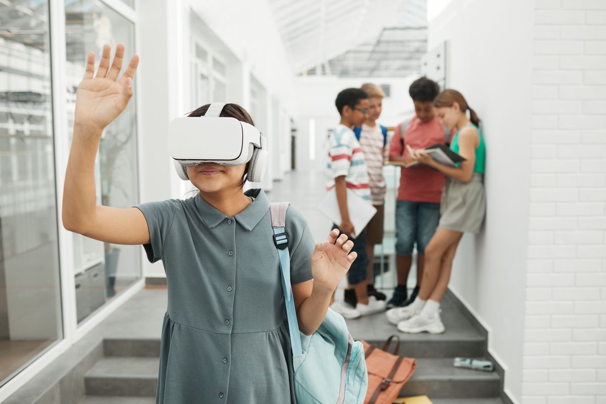 Students using virtual reality headsets for immersive learning
