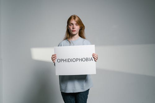 A Woman Holding a Sign of Ophidiophobia