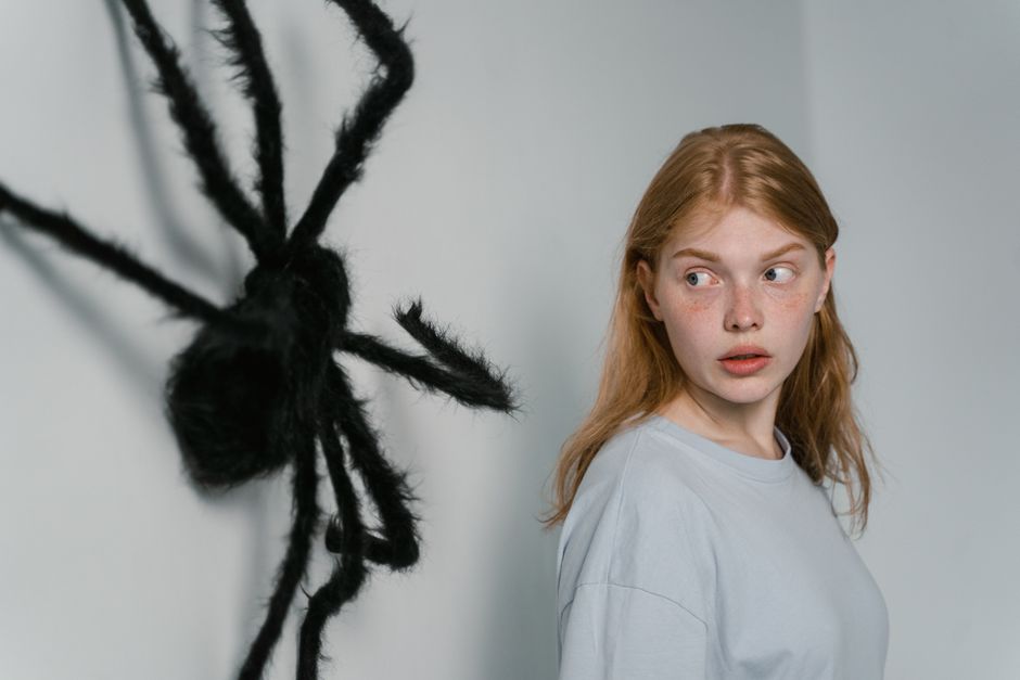 Como Transformar o Medo em Força: Dicas Práticas para Mulheres 2 A woman shows fear as she encounters a large wall-mounted spider, highlighting themes of anxiety.