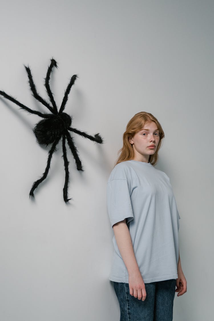 A Woman Afraid Of Big Spider Hanging On A Wall