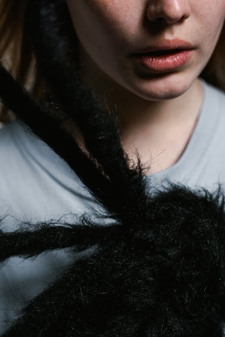 Close-Up Photo Of A Big Black Hairy Spider On A Woman's Face