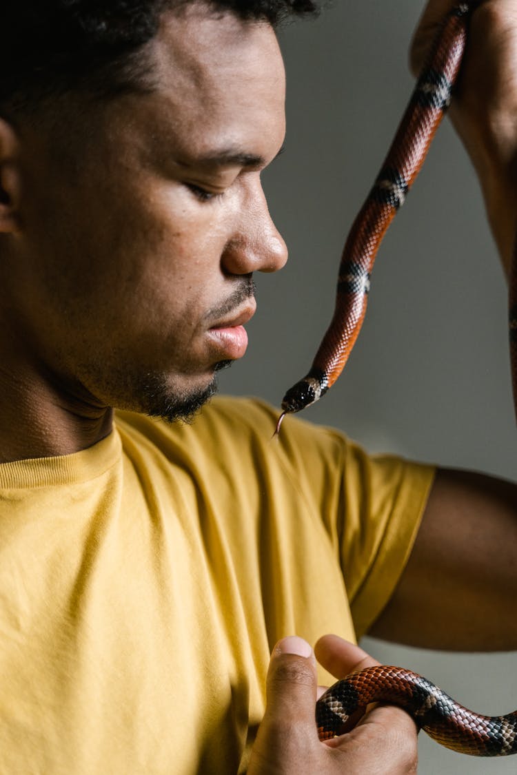 Man In Yellow Shirt Overcoming His Fear Of Snakes