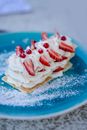 White and Red Ice Cream on Blue Ceramic Plate