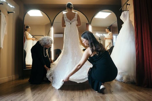 A bride stands in a fitting room as two women assist with her wedding dress adjustments.