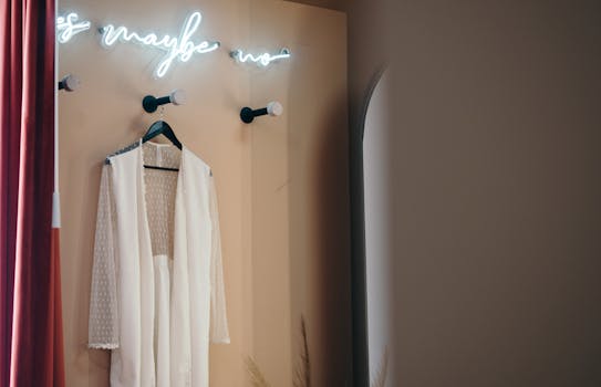 White dress hanging indoors on a wall under neon sign with a soft, moody ambiance.