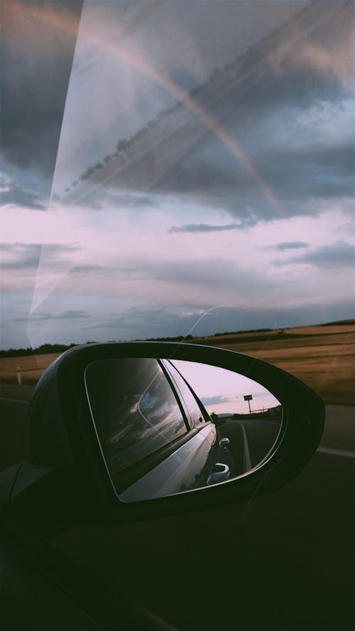 Free stock photo of car travel, rainbow, rearview mirror