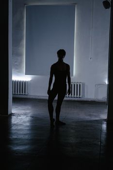A silhouette of a ballet dancer poised gracefully in a dimly lit studio setting.