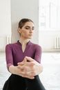 Woman in Purple V Neck Long Sleeve Shirt