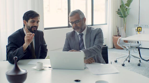 Two businessmen discussing projects on a laptop in a modern, bright office setting.