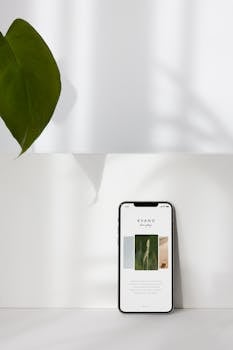 A minimalist smartphone display with leaf shadow, emphasizing clean design and technology.