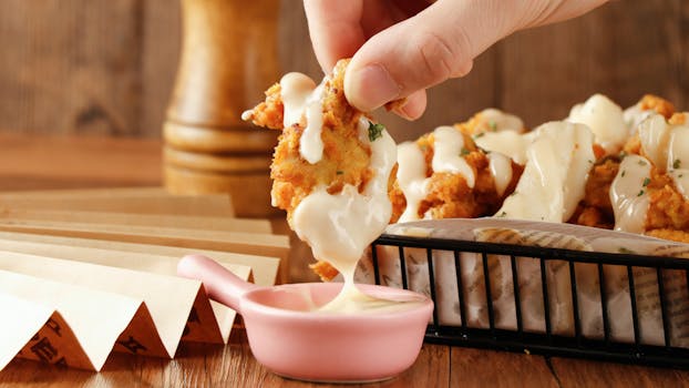 Appetizing fried chicken dipped in creamy cheese sauce, perfect for fast food lovers.