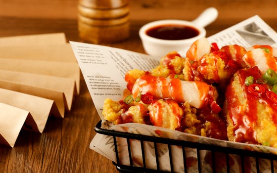 Delicious Korean street food with spicy sauce in a serving basket, perfect for culinary themes.