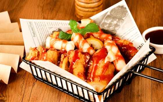 Deliciously crispy fried chicken drizzled with spicy sauce served in a metal basket.