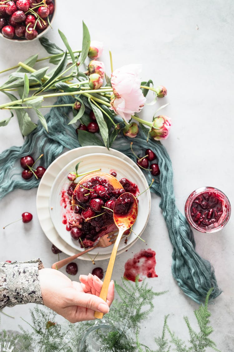 Overhead Shot Of Pancakes With Cherries 