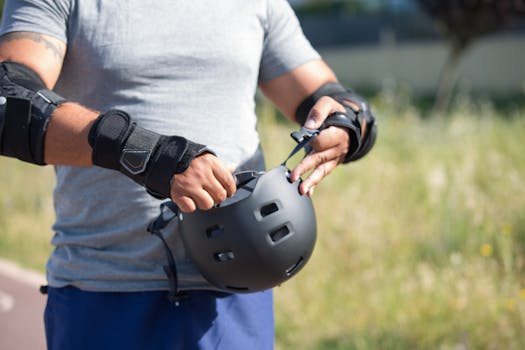 Adult male adjusting helmet during sports training outdoors, emphasizing safety.